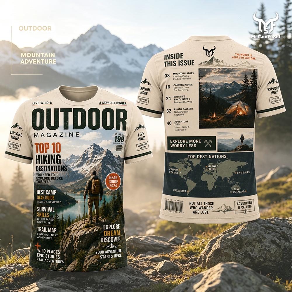 Outdoor Adventure Magazines - Dergi Tarzı Macera Baskılı Tişört Açık